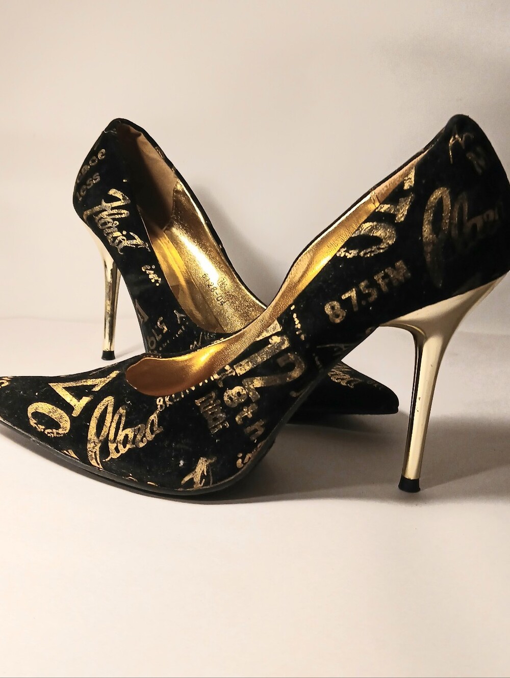Black Faux Suede With Gold Script Graphics 4 Inch Mirror Heels Pointed Toe 7.5